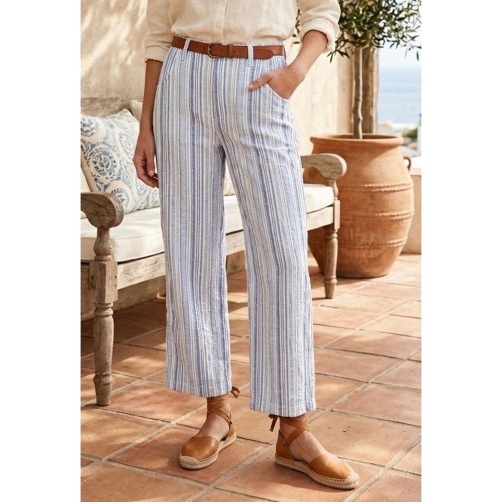 Gap Striped Linen Blend Wide Leg Pants Women's Blue White Coastal 12 High Rise